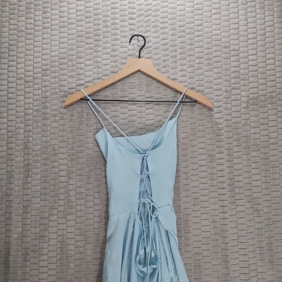 Lucy in the Sky-Blue Satin Maxi Dress with Slit-Open Back-Corset Lace Up-Sz S/M - Picture 10 of 11